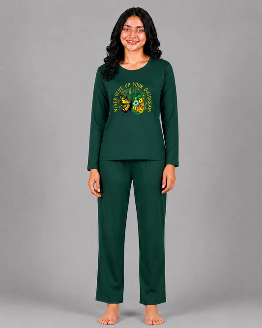 Women Round-Neck Lounge Wear | Never Give Up - Sherwood Green