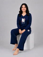 Women V-Neck Lounge Wear | BTS Flower - Navy Blue