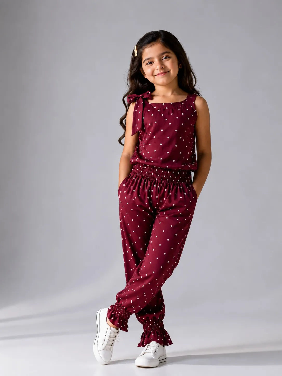 Girls Maroon Polka Dot Sleeveless Jumpsuit