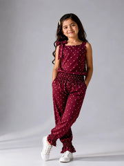 Girls Maroon Polka Dot Sleeveless Jumpsuit