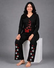 Women V Neck Lounge Wear | Red Butterfly - Black