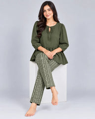 Tie Neck Peplum Co-Ord Set - Olive Green