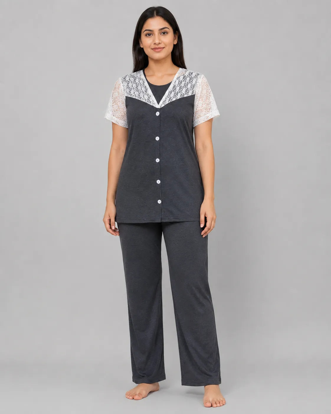 Graceful Lace Pajama Set - Grey