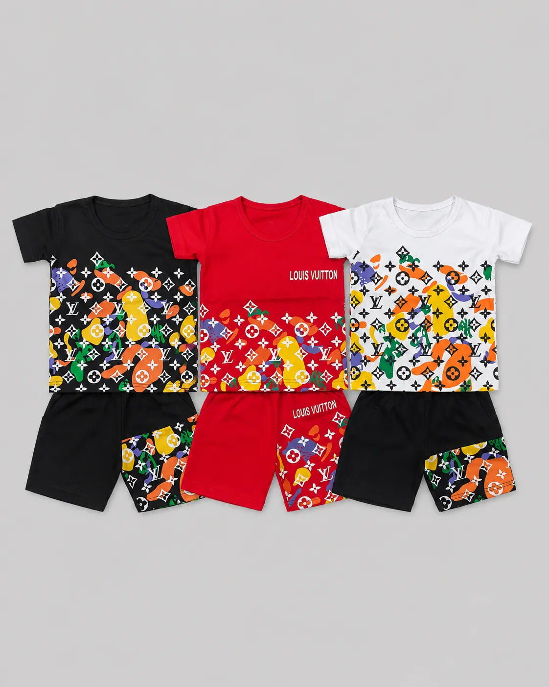 Pack Of 3 Kids LV Short Set | Black, Red & White
