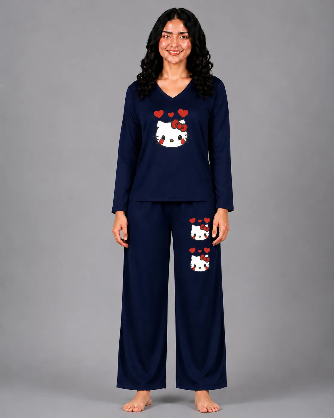 Women V-Neck Lounge Wear | Hello Kitty - Navy Blue