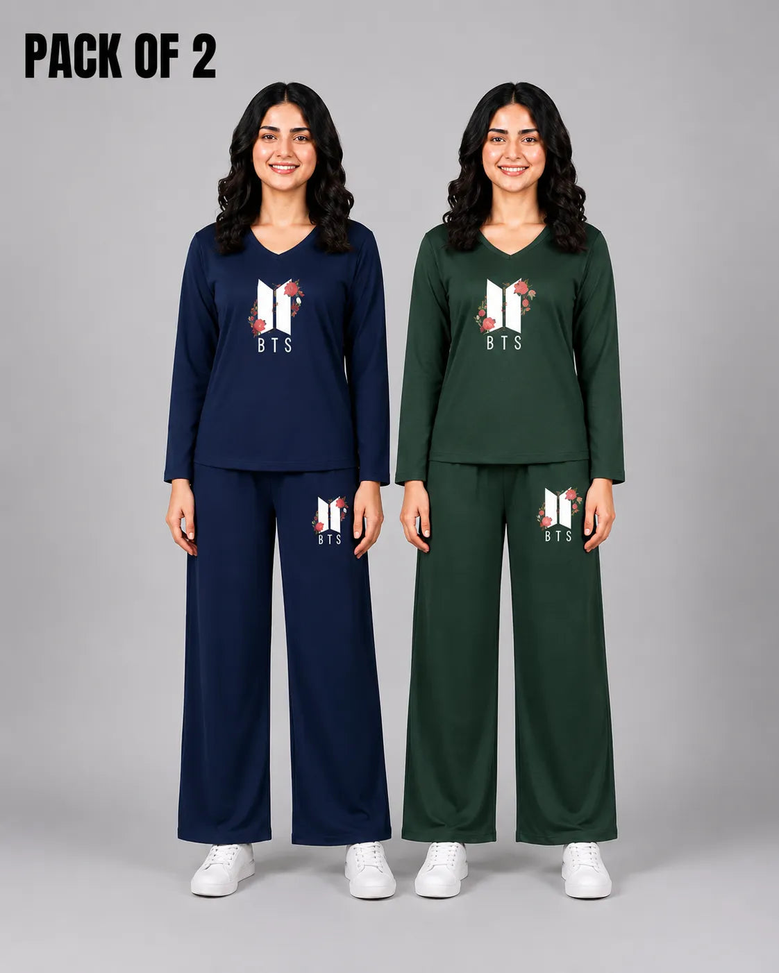 Pack Of 2 Women V-Neck Lounge Wear | BTS Flower - Navy & Sherwood
