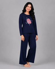 Women Round-Neck Lounge Wear | Flower - Navy Blue