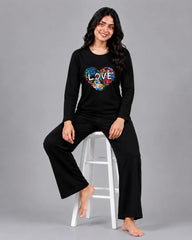 Women Round-Neck Lounge Wear | Love Color - Black