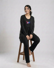 Women 3 Pieces Night Suit - Multi Love | Black