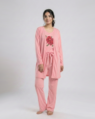 Women 3 Pieces Night Suit - Flower | Baby Pink