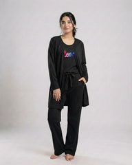 Women 3 Pieces Night Suit - Multi Love | Black