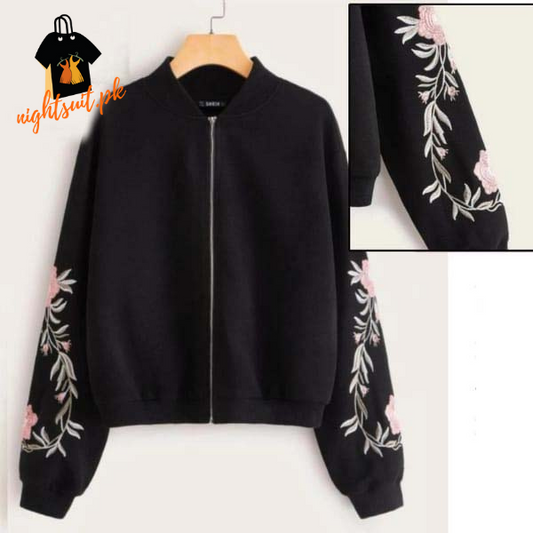 Black Embroidered Floral Detail Zip Up Bomber Jacket For Women