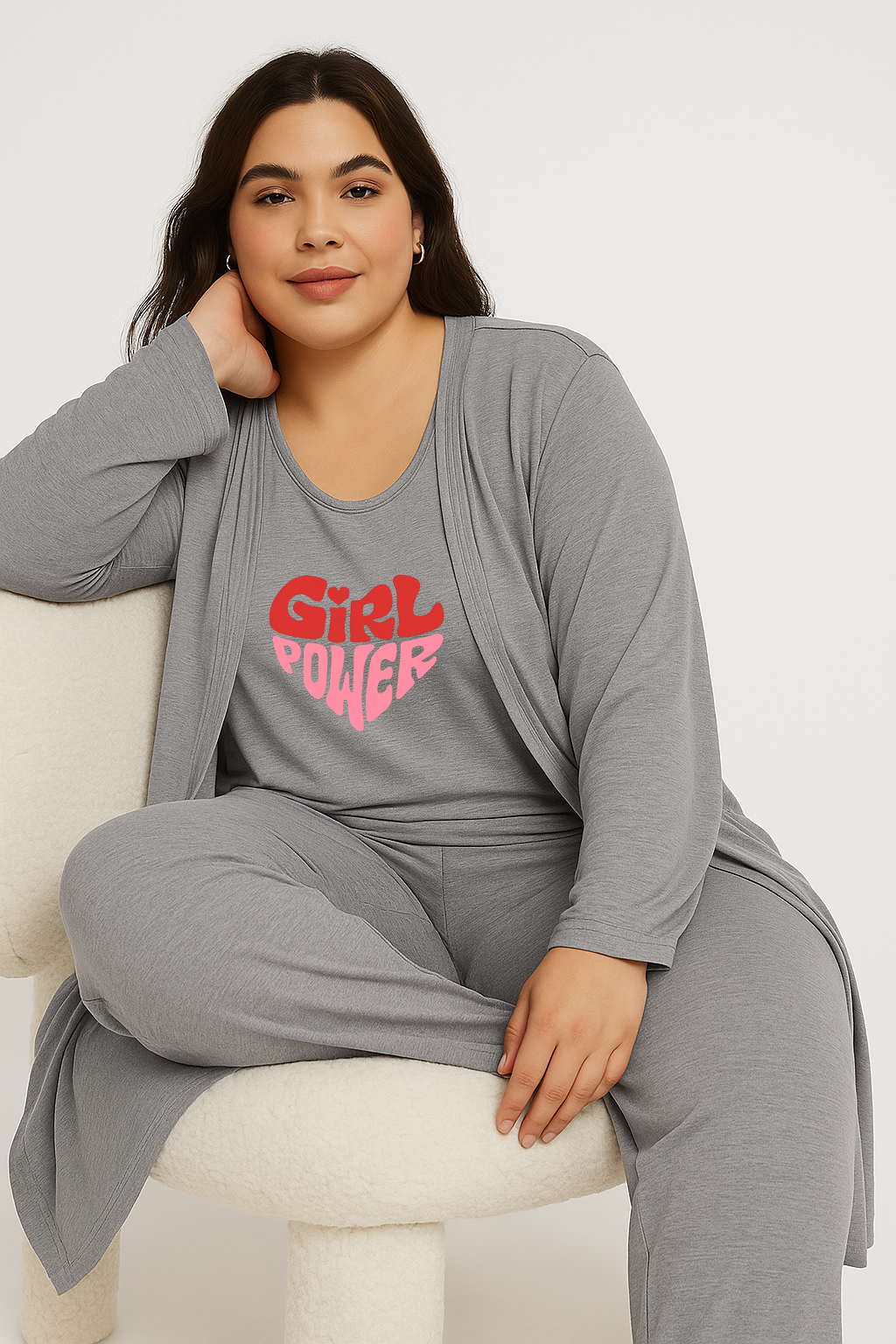 Women’s 3 Piece Nightwear Lounge Set with Girl Power Print | Plus Size Loungewear