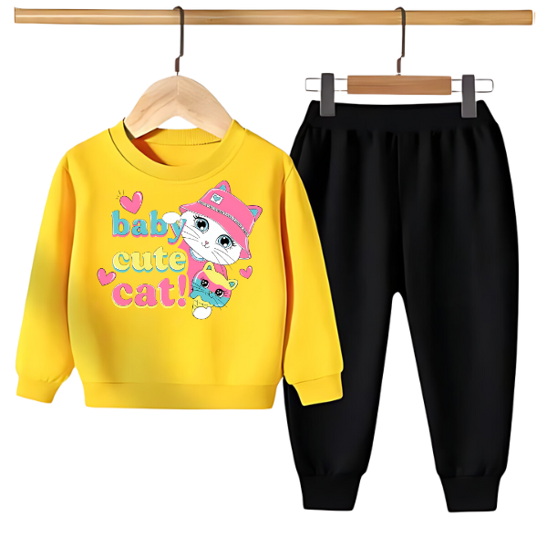 Kids Winter Sweat Shirt Set | Baby Cute Cat Printed