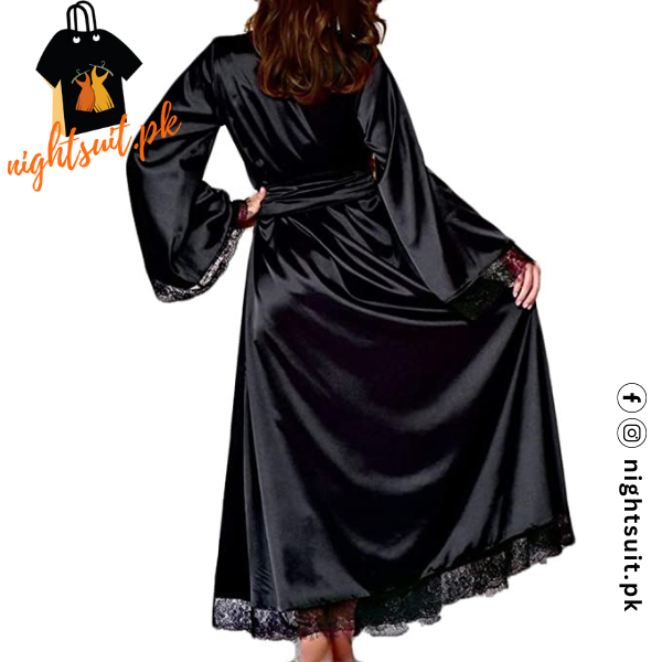 Women Black Silk Night Gown 3 piece