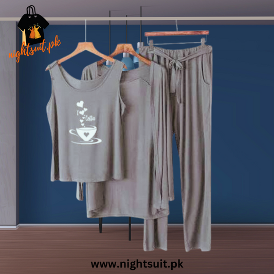 Grey I love Coffee Women Night Suit PJ 3 Pieces Set