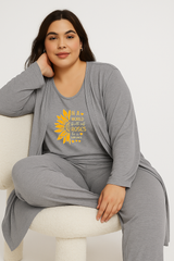 Women’s 3 Piece Nightwear Lounge Set with Sun Roses Print | Plus Size Loungewear