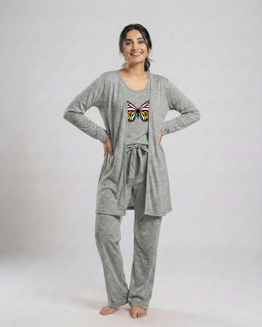Women 3 Pieces Night Suit - Rainbow Butterfly | Grey