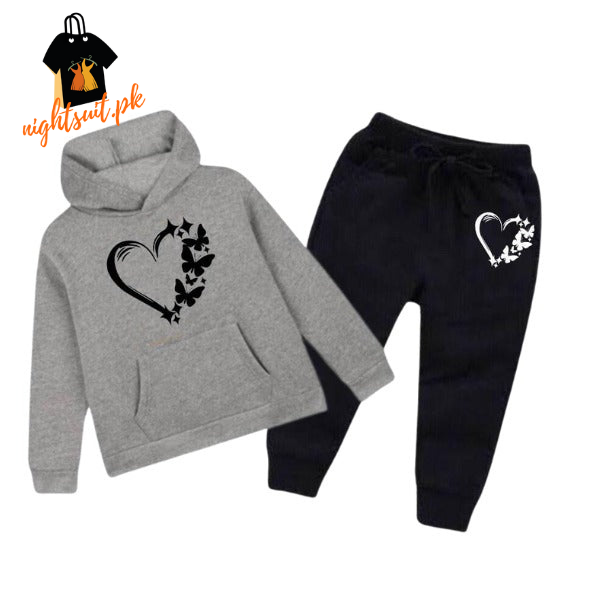 Hazzel Grey Love Butterfly Printed Kids Hoodie Set