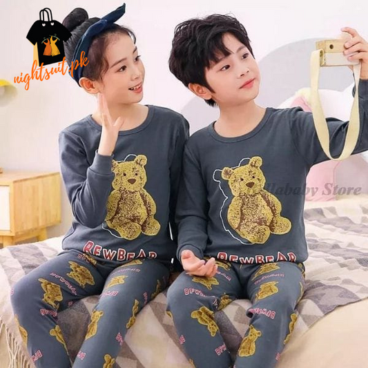 Dark Grey Teddy Bear Cartoon Printed Kids Wear