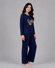 Women Round-Neck Lounge Wear | Love Color - Navy Blue