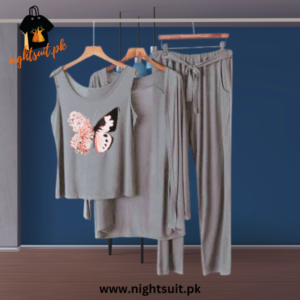 Grey Pink Butterfly Women Night Suit PJ 3 Pieces Set