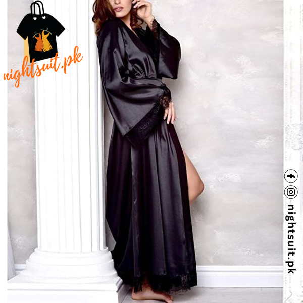 Women Black Silk Night Gown 3 piece