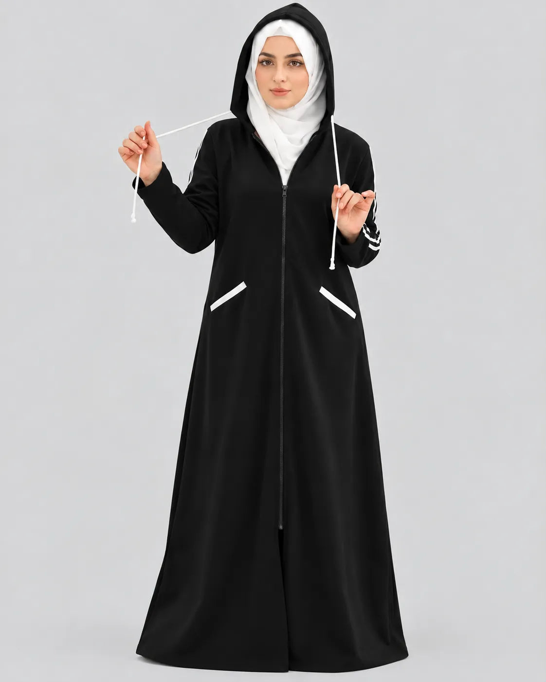 Women Hooded Zip-Up Fleece Abaya | Black
