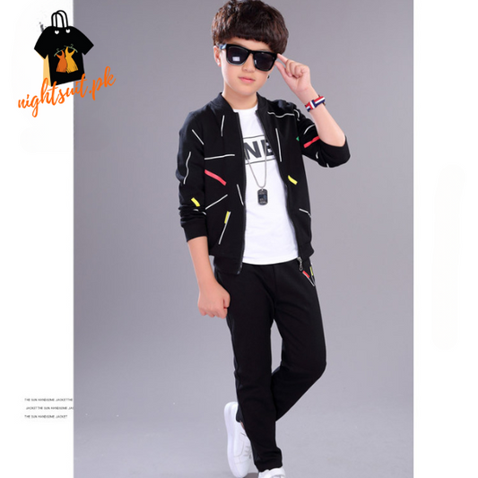 Kids Black Printed Zipper with Warm Black Trouser ( 3 Piece )