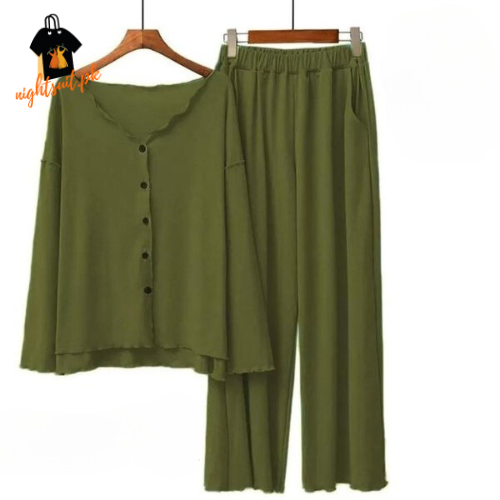 Green V-Neck Button Women Night Suit PJ Set