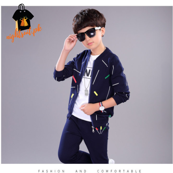 Kids Blue Printed Zipper with Warm Black Trouser ( 3 Piece )