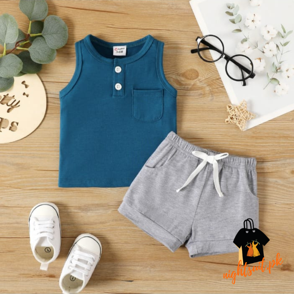 Blue Grey Sleeveless Shorts Set