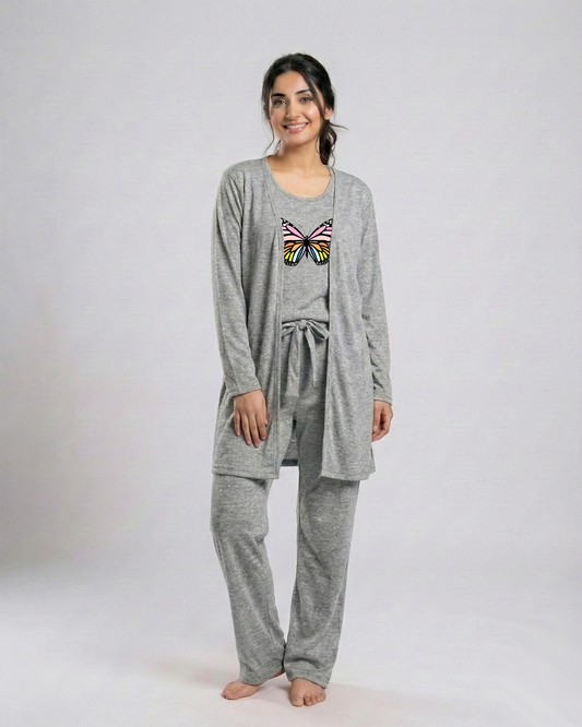 Women 3 Pieces Night Suit - Rainbow Butterfly | Grey