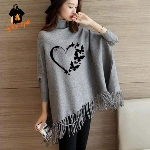 Grey Love Butterfly Printed Poncho