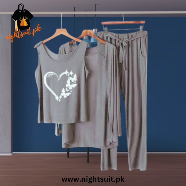 Grey Butterfly Love Women Night Suit PJ 3 Pieces Set