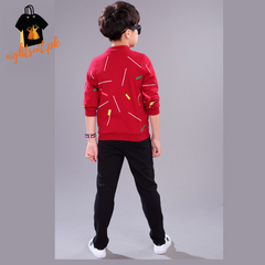 Kids Red Printed Zipper with Warm Black Trouser ( 3 Piece )