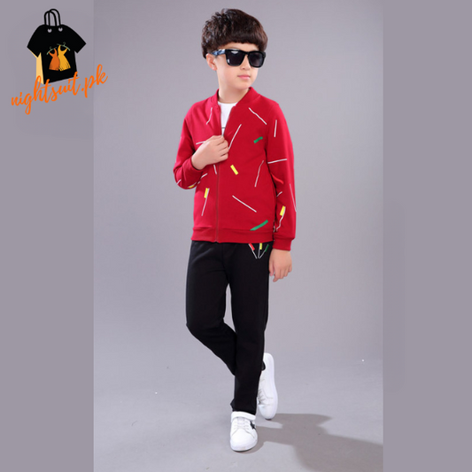 Kids Red Printed Zipper with Warm Black Trouser ( 3 Piece )