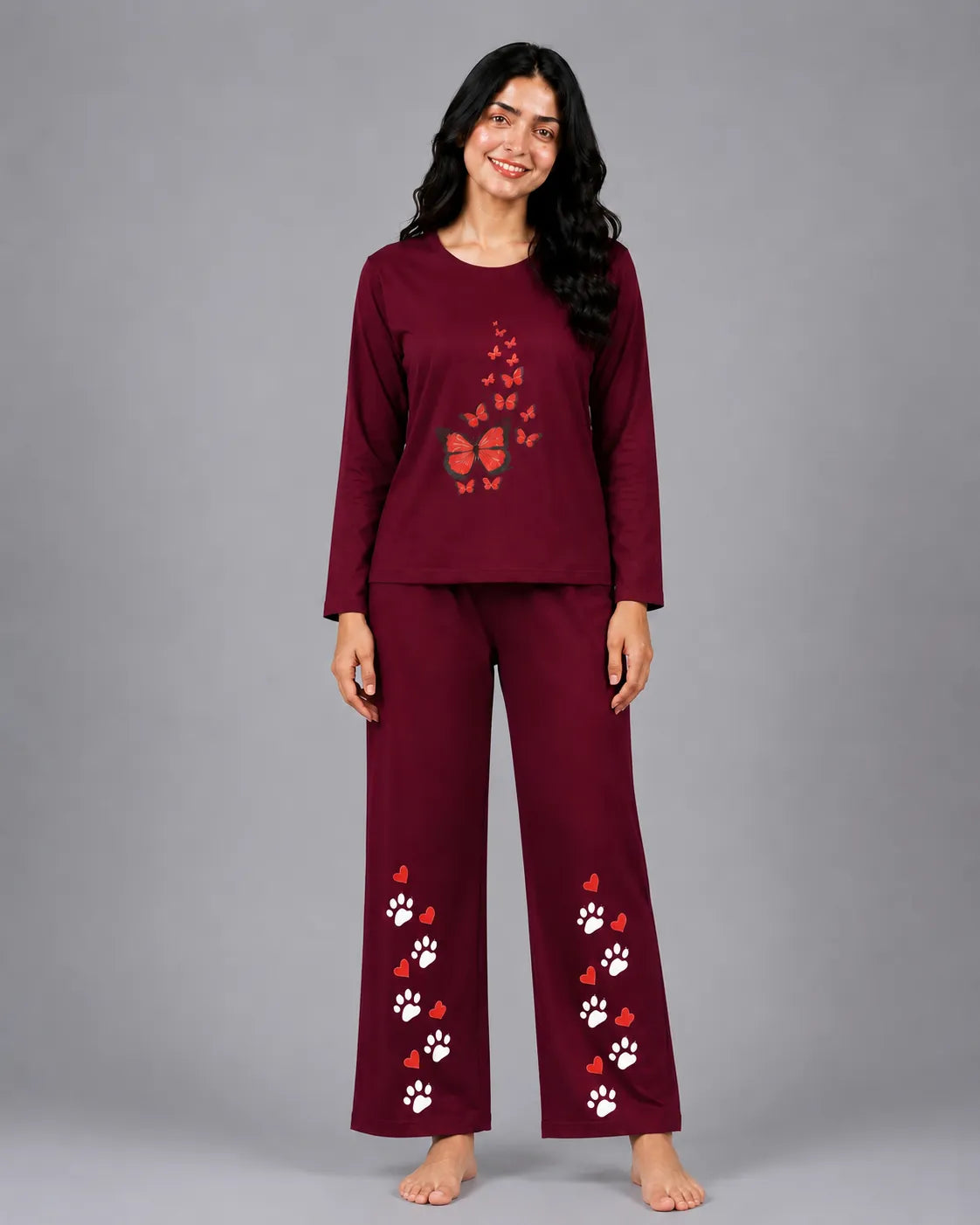 Women Round-Neck Lounge Wear | Red Butterfly - Maroon