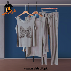 Grey Black Butterfly Women Night Suit PJ 3 Pieces Set