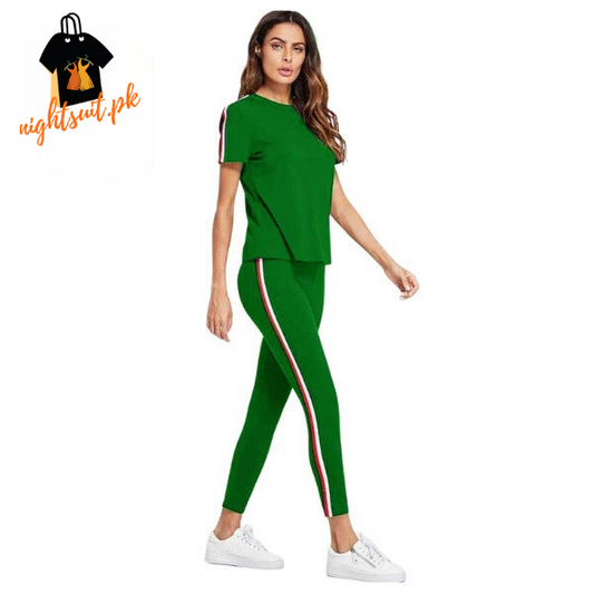 Green and White Striped Tracksuit Tape Tee & Leggings Pants Set for Women