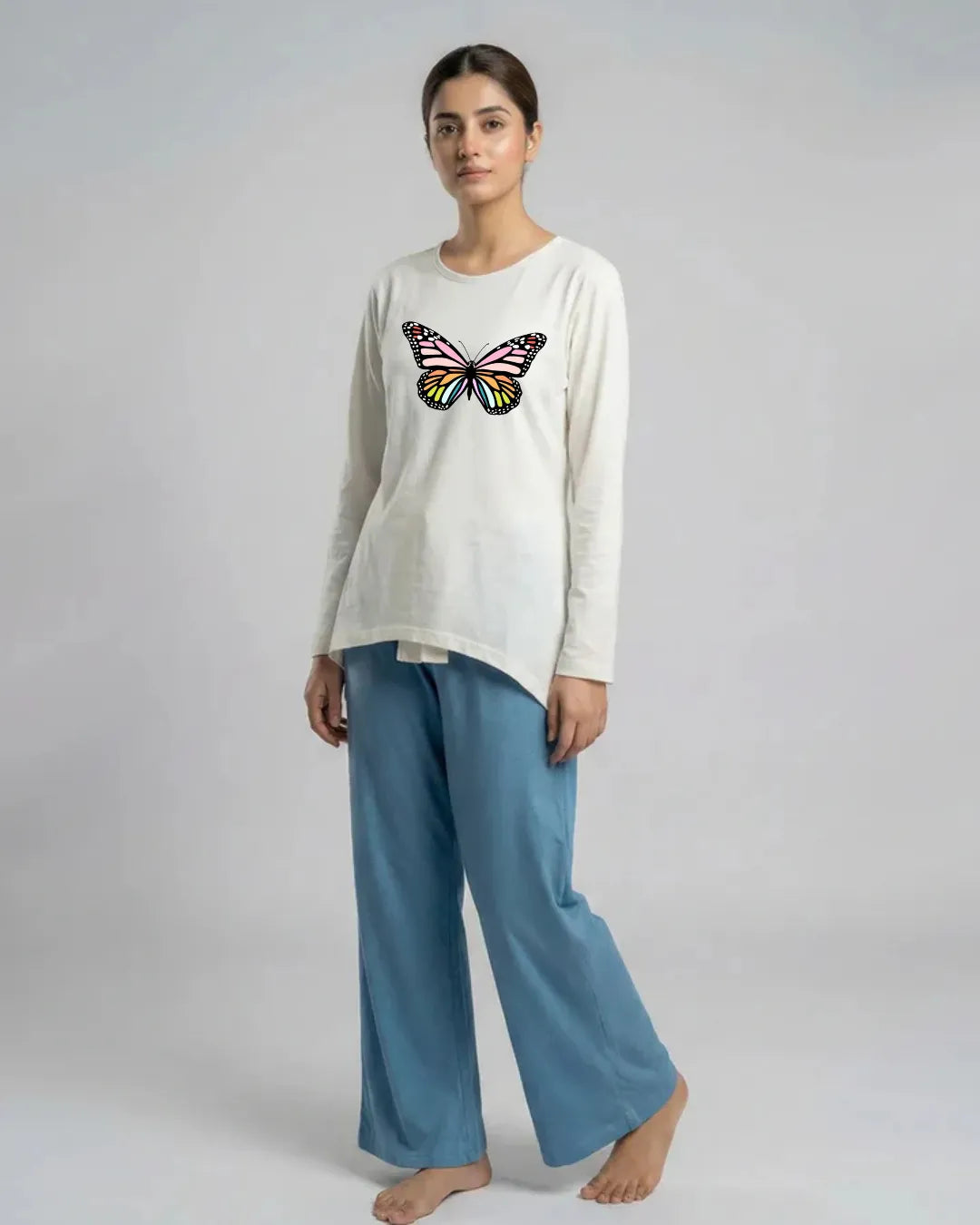 Women Premium 2 Piece Lounge Set | Rainbow Butterfly - White & Blue