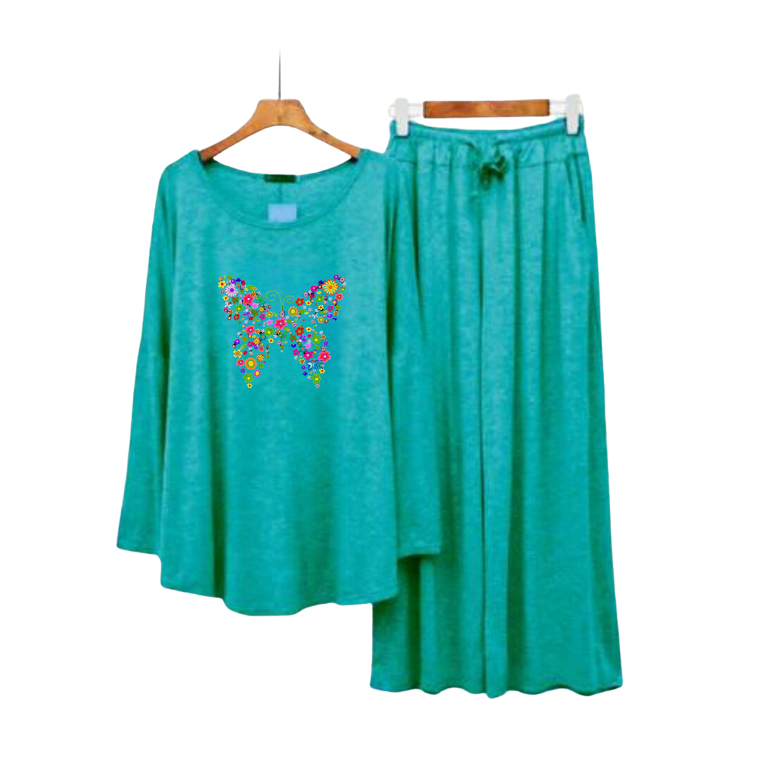 Women Round-Neck Lounge Wear | Colored Butterfly - Sherwood Green