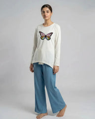 Women Premium 2 Piece Lounge Set | Rainbow Butterfly - White & Blue