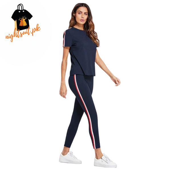 Navy Blue and White Striped Tracksuit Tape Tee & Leggings Pants Set for Women