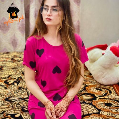 Pink Black Hearts Printed PJ Nightsuit Full Sleeves