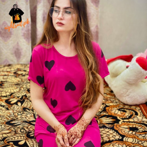 Pink Black Hearts Printed PJ Nightsuit