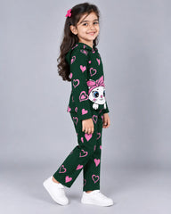Heart Kitty Hoodie Set - Dark Green