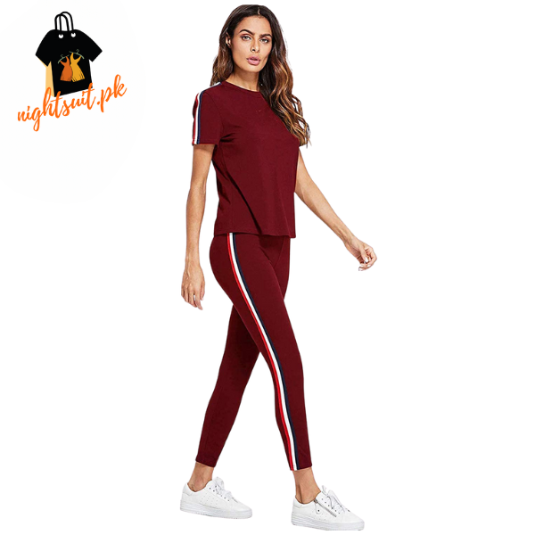 Red and White Striped Tracksuit Tape Tee & Leggings Pants Set for Women