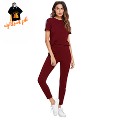 Red and White Striped Tracksuit Tape Tee & Leggings Pants Set for Women