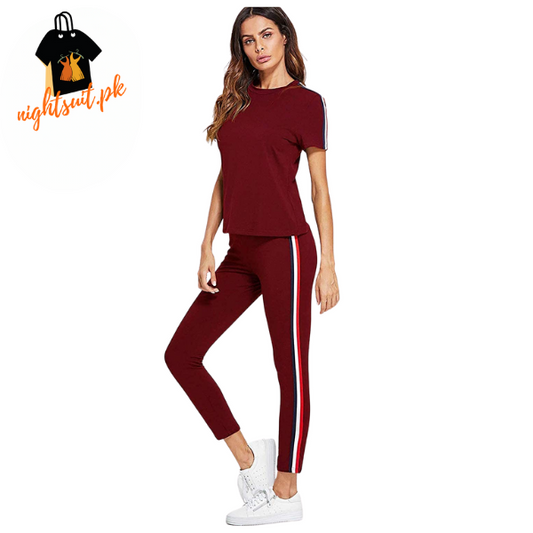 Red and White Striped Tracksuit Tape Tee & Leggings Pants Set for Women